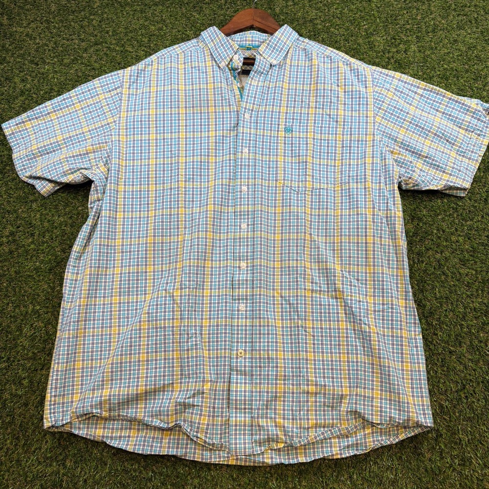 Ariat Pro Series Mens XXL Tall Blue Yellow Plaid Short Sleeve Button Down Shirt